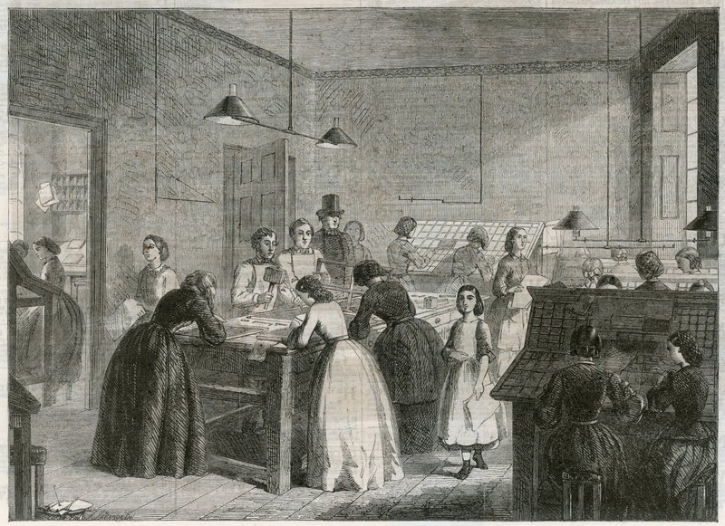 Oficina de impresión (Victoria Press) en Great Coram Street, para el empleo de mujeres como tipógrafas de English School