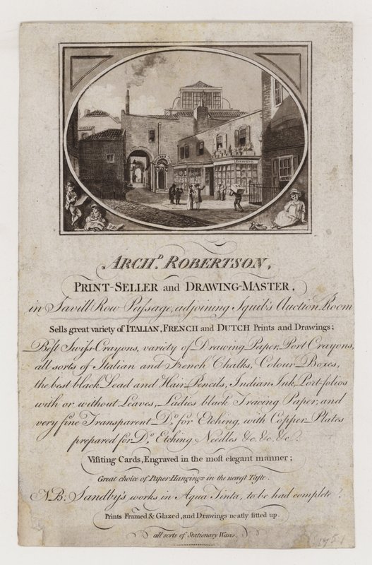 Tarjeta comercial de vendedor de impresiones y maestro de dibujo, Archibald Robertson de English School