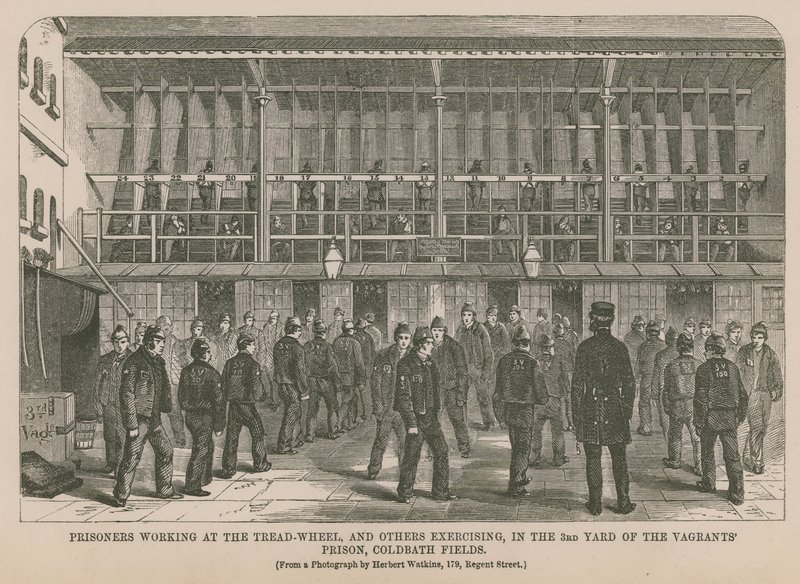 Prisioneros trabajando en la rueda de molino de English School