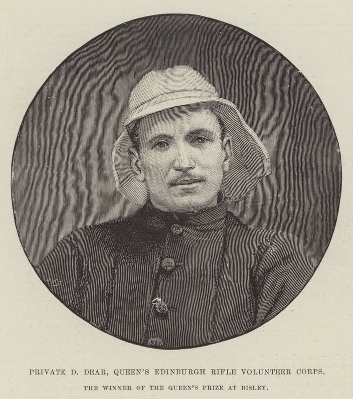 Soldado D Dear, Cuerpo de Voluntarios de Fusileros de la Reina de Edimburgo, ganador del Premio de la Reina en Bisley (grabado) de English School