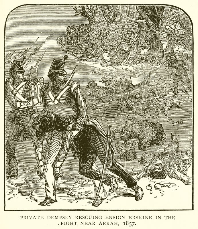 El Soldado Dempsey rescatando al Alférez Erskine en la Lucha cerca de Arrah, 1857 de English School