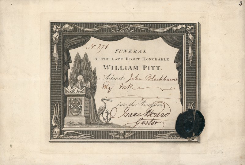 Boleto de admisión a la procesión del funeral de William Pitt de English School