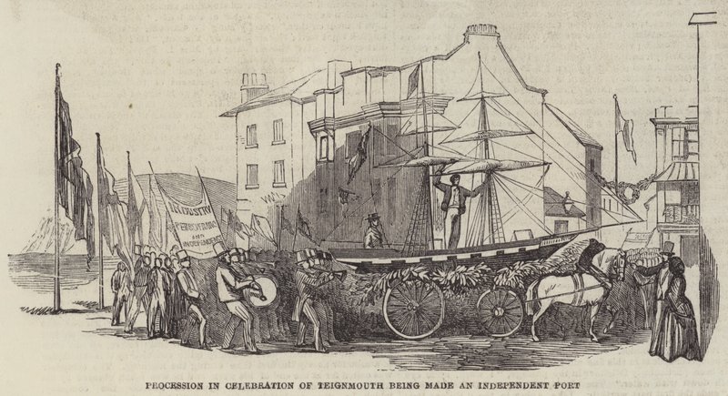 Procesión en celebración de Teignmouth siendo nombrado puerto independiente (grabado) de English School
