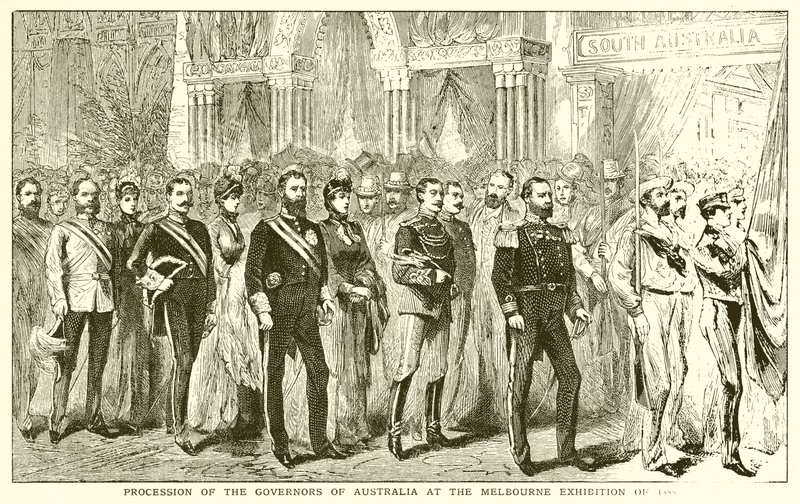 Procesión de los gobernadores de Australia en la Exposición de Melbourne de 1888 de English School