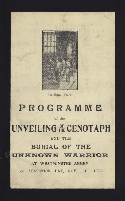 Programa para la inauguración del Cenotafio y el entierro del Guerrero Desconocido, Abadía de Westminster, Londres, 11 de noviembre de 1920 de English School
