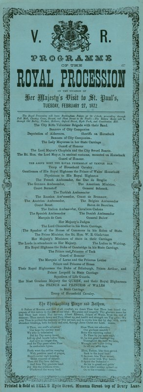 Programa de la Procesión Real con motivo de la visita de Su Majestad a la Catedral de San Pablo, Londres, 27 de febrero de 1872 de English School