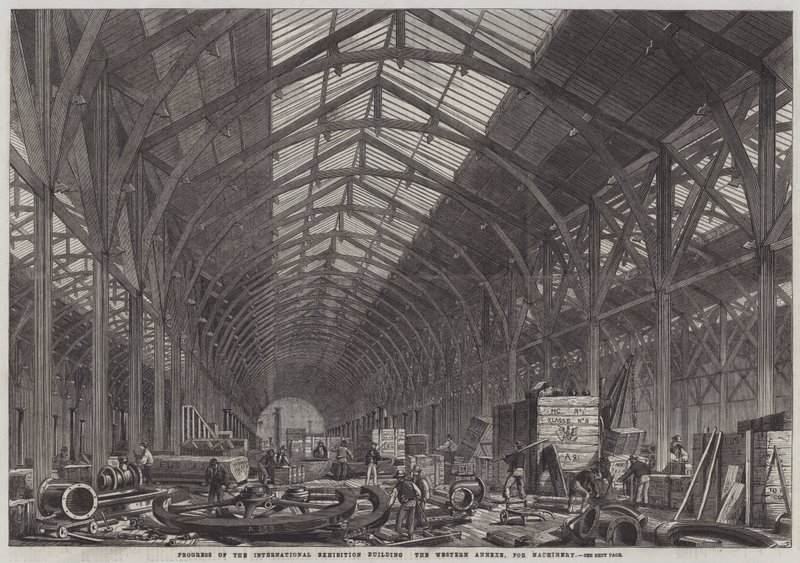 Progreso del edificio de la Exposición Internacional, el anexo occidental, para maquinaria de English School