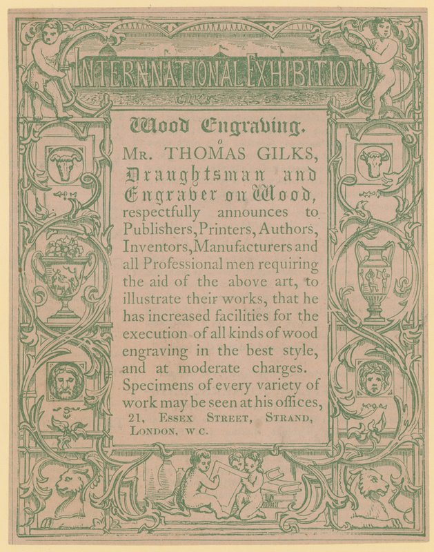Tarjeta promocional para Thomas Gilks, dibujante y grabador en madera de English School