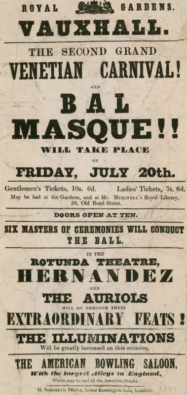 Folleto promocional para el Segundo Gran Carnaval Veneciano y Baile de Máscaras en los Jardines Reales, Vauxhall, Londres de English School