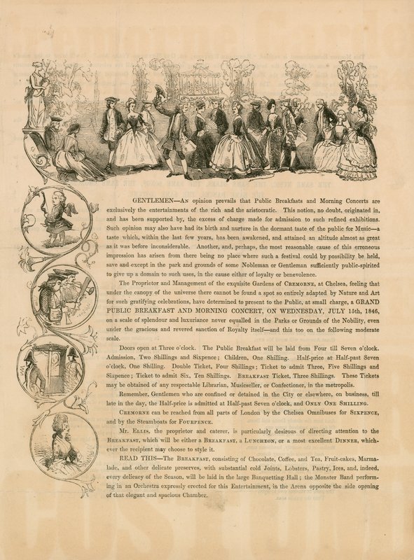 Folleto promocional para un Gran Desayuno Público y Concierto Matutino el 15 de julio de 1846 de English School