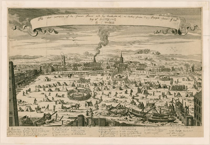 Vista del Támesis congelado, tomada desde las escaleras del Templo el 20 de enero de 1715/16 de English School