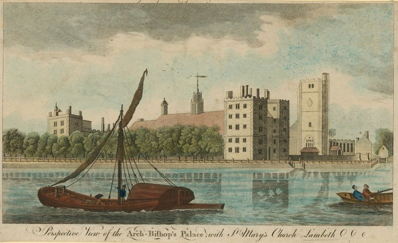 Vista prospectiva del Palacio del Arzobispo con la Iglesia de St Mary, Lambeth de English School