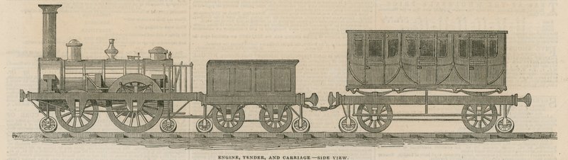 Ferrocarril de madera de Prosser: Locomotora, ténder y vagón, vista lateral de English School