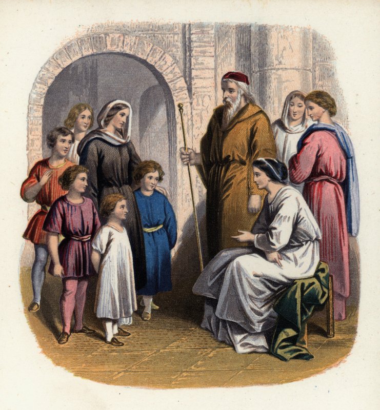 Prudence catequiza a los hijos de Christiana, una ilustración de The Pilgrim