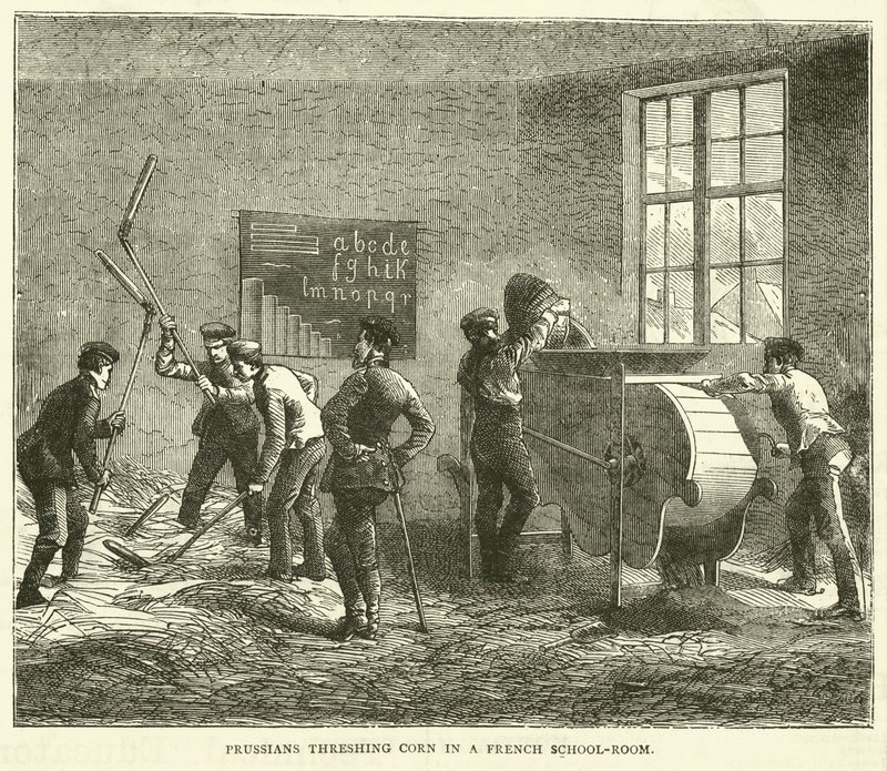 Prusianos trillando maíz en una escuela francesa, septiembre 1870 de English School
