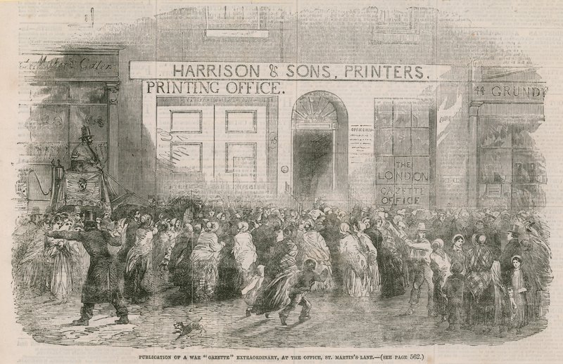 Publicación de una Gaceta de Guerra Extraordinaria, en la oficina, St Martins Lane de English School
