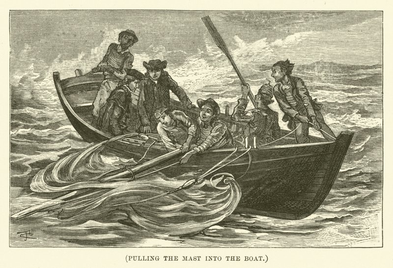 Tirando del mástil hacia el barco (grabado) de English School