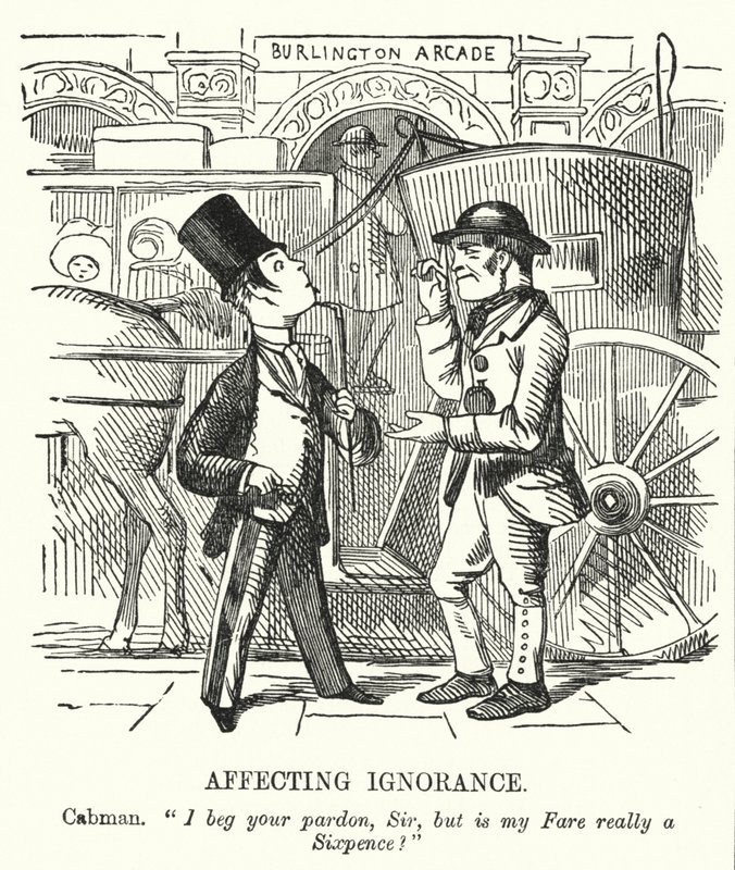 Caricatura de Punch: Ignorancia Afectada: conductor de taxi de Londres de English School