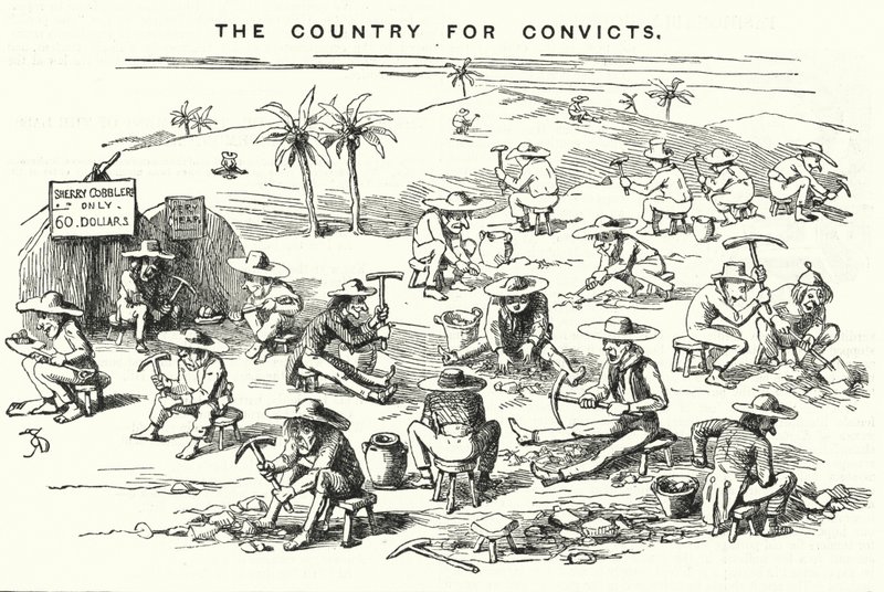 Caricatura de Punch: California, el país para convictos (grabado) de English School
