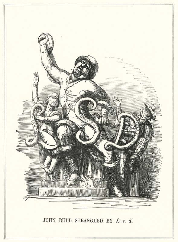 Caricatura de Punch: Inglaterra estrangulada por los impuestos de English School