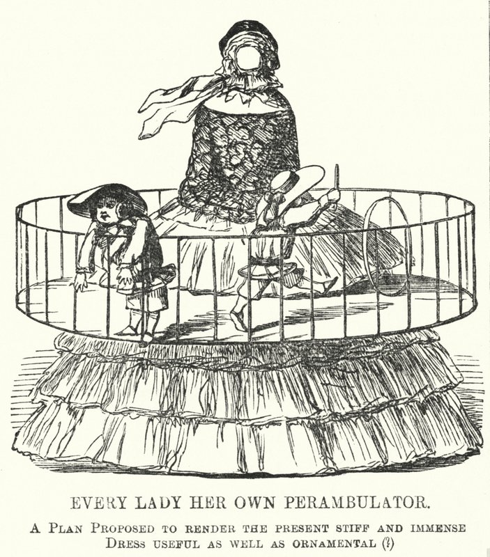 Caricatura de Punch: Cada Dama Su Propio Cochecito - la moda de las faldas de aro para mujeres de English School