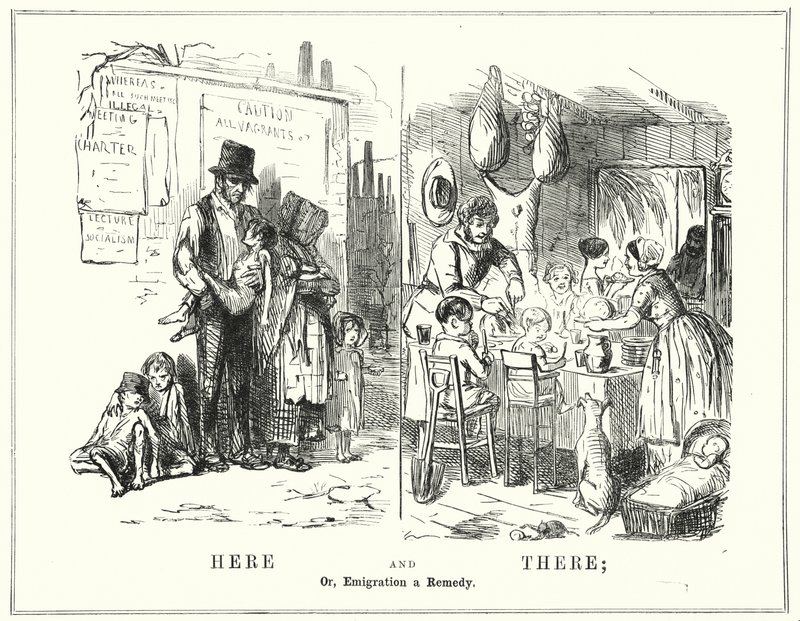Caricatura de Punch: Aquí y allá, o, la emigración como remedio (grabado) de English School