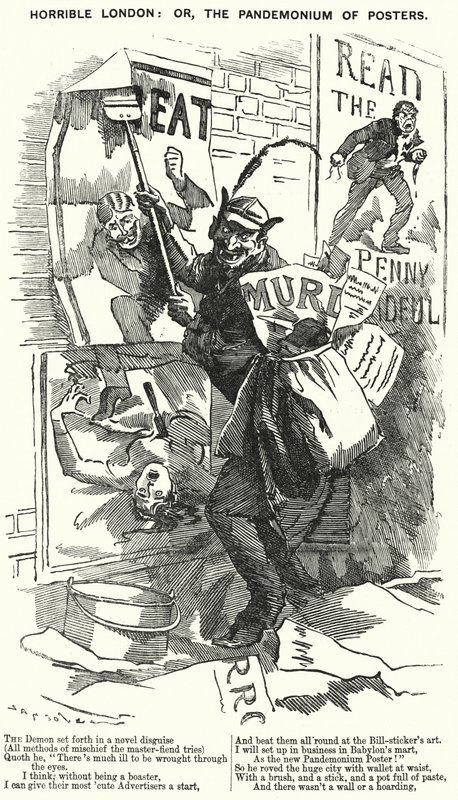 Caricatura de Punch: Londres Horrible: o, el Pandemonio de los Carteles - Londres en la época de los asesinatos de Jack el Destripador de English School