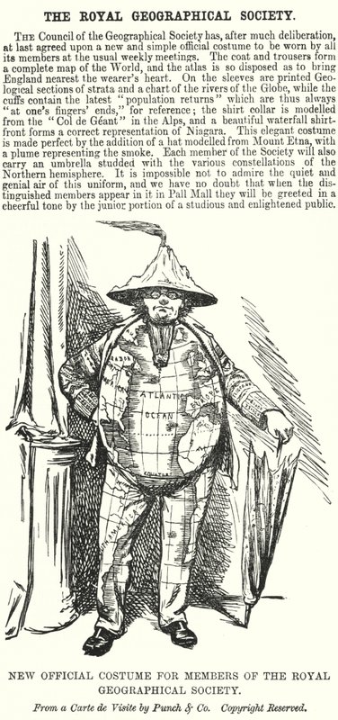 Caricatura de Punch: Nuevo Traje Oficial para Miembros de la Sociedad Geográfica Real de English School