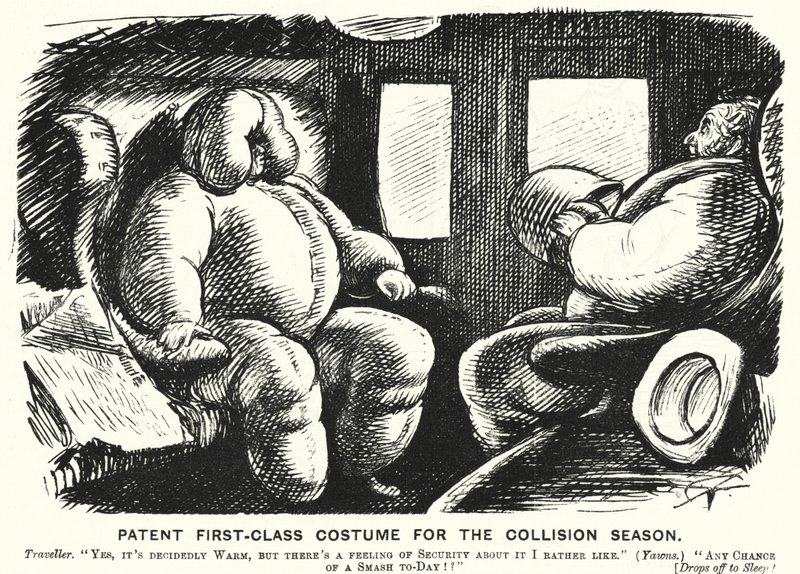 Caricatura de Punch: Traje de Primera Clase Patentado para la Temporada de Colisiones - seguridad en los ferrocarriles de English School
