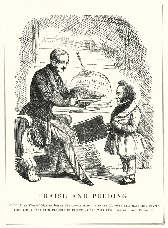 Caricatura de Punch: Alabanza y Pudín: el Príncipe Alberto recompensando a Joseph Paxton por diseñar el Palacio de Cristal para albergar la exitosa Gran Exposición de 1851 en Hyde Park, Londres de English School