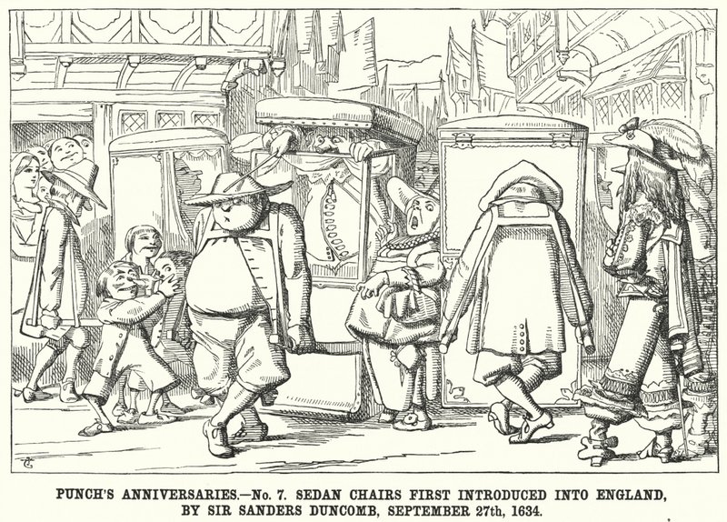 Caricatura de Punch: Aniversarios de Punch - No 7. Sillas de Sedán Introducidas por Primera Vez en Inglaterra, por Sir Sanders Duncomb, 27 de septiembre de English School