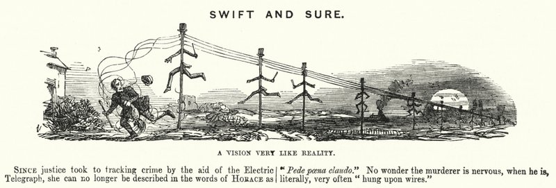Caricatura de Punch: Rápido y Seguro - el uso de la telegrafía eléctrica en el seguimiento del crimen de English School