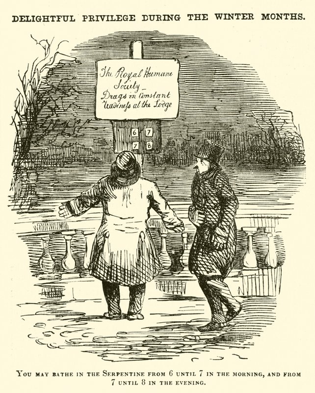 Caricatura de Punch: Natación en el Serpentine, Hyde Park, Londres de English School