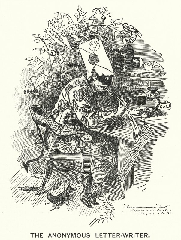 Caricatura de Punch: El Escritor de Cartas Anónimas de English School