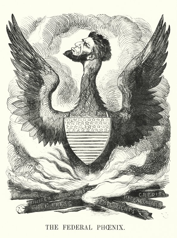 Caricatura de Punch: El Fénix Federal - la reelección de Abraham Lincoln en las elecciones presidenciales de EE.UU. de 1864 de English School