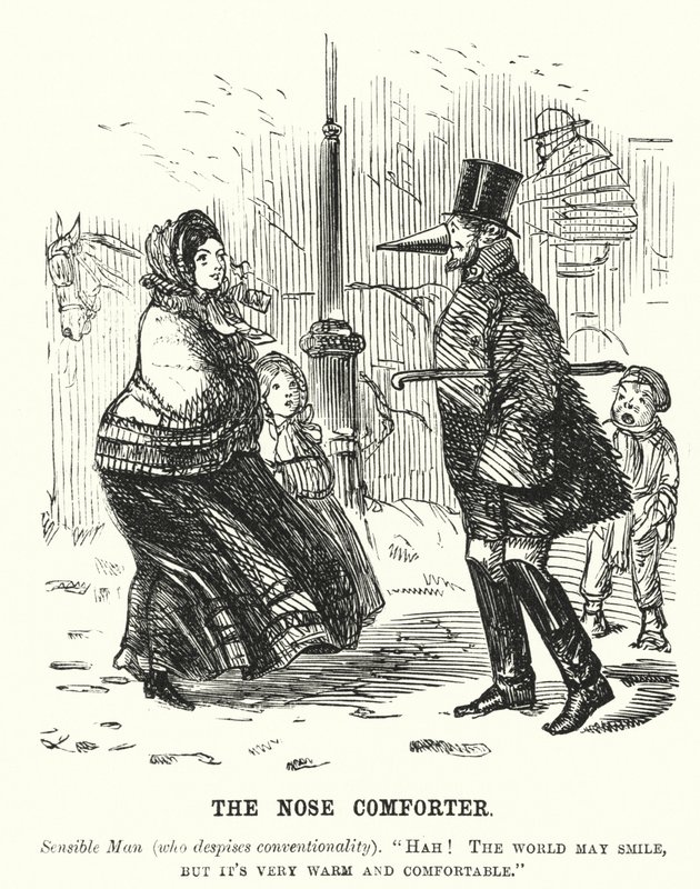 Caricatura de Punch: El Calentador de Nariz - hombre protegiendo su nariz contra el frío de English School