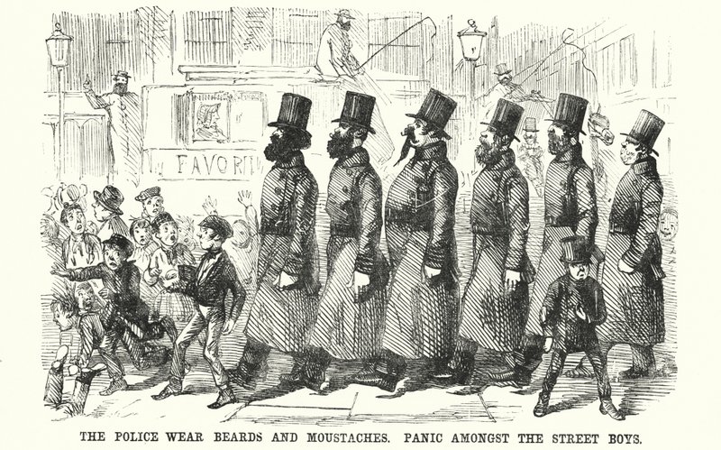 Caricatura de Punch: La Policía Lleva Barbas y Bigotes. Pánico entre los Chicos de la Calle de English School