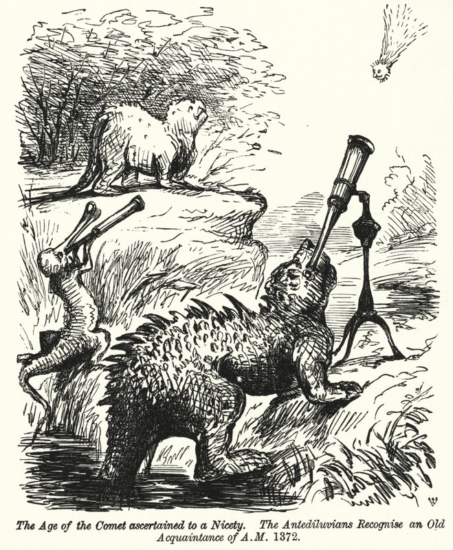 Caricatura de Punch: dinosaurios viendo un cometa de English School