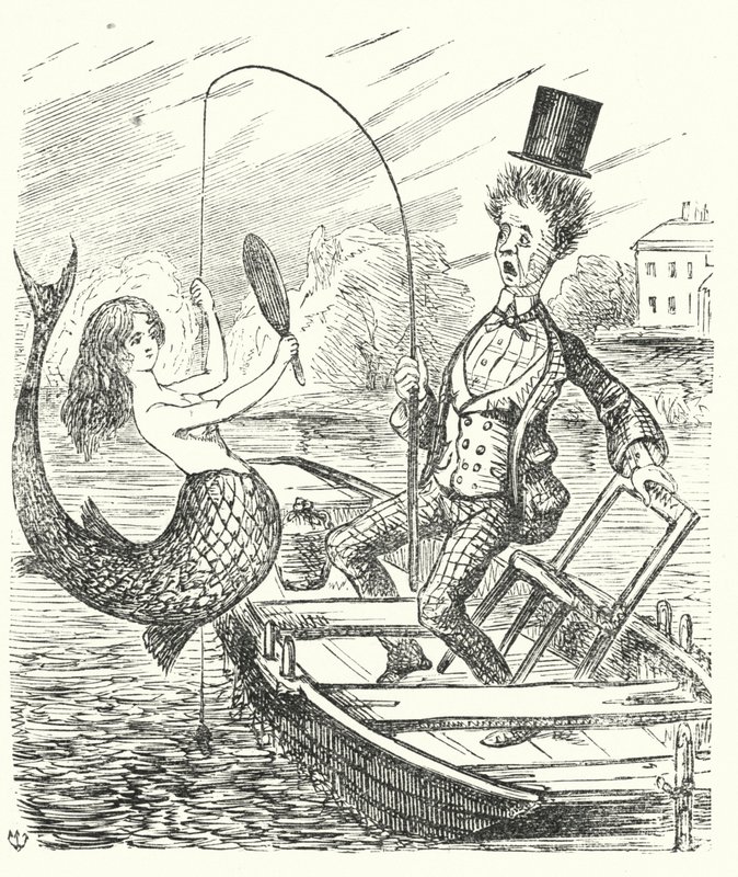Caricatura de Punch: pescador atrapando una sirena de English School