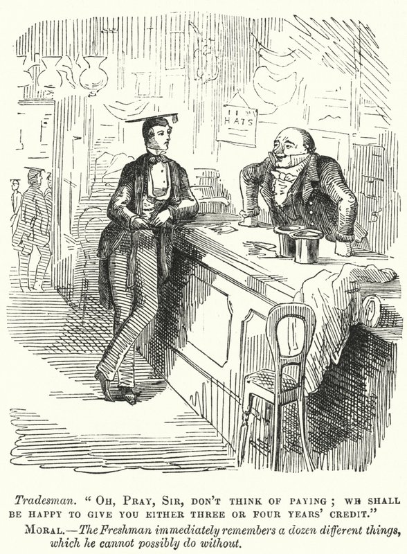 Caricatura de Punch: estudiante universitario de primer año negociando con un comerciante (grabado) de English School