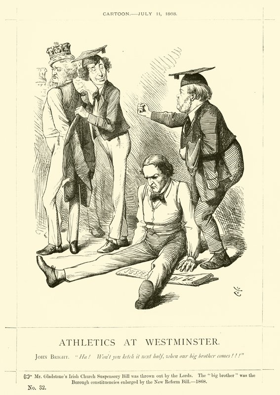 Caricatura de Punch sobre John Bright: Atletismo en Westminster de English School