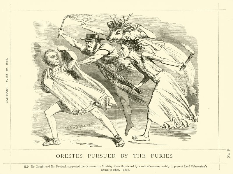 Caricatura de Punch sobre John Bright: Orestes perseguido por las Furias de English School