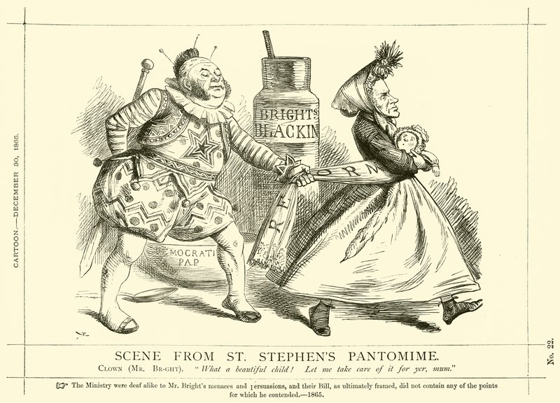Caricatura de Punch sobre John Bright: Escena del Pantomima de St Stephen, 30 de diciembre de 1865 (grabado) de English School