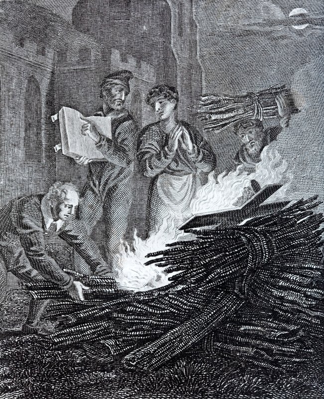 Iconoclastas puritanos quemando un crucifijo tomado de una iglesia en el camino a Norwich, Norfolk de English School