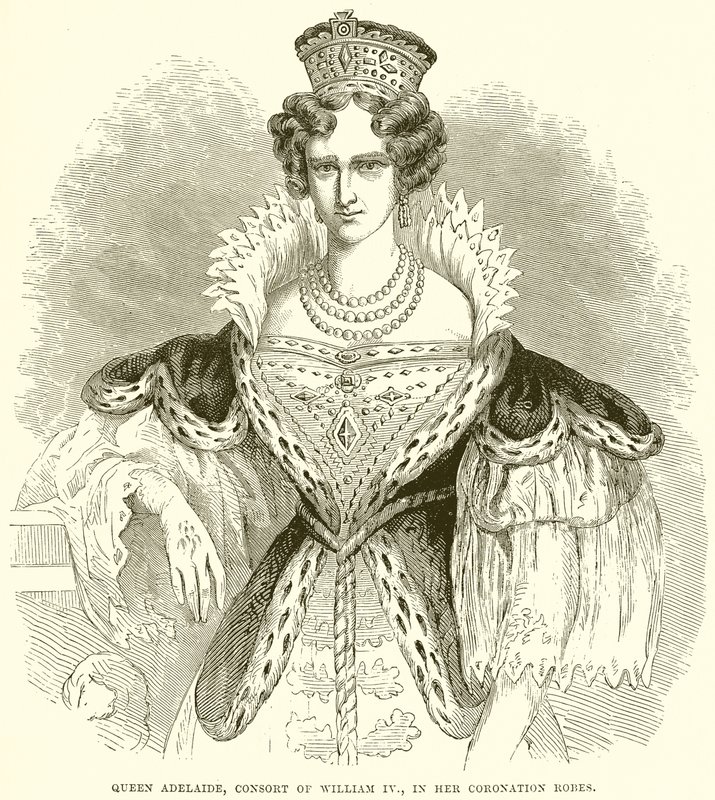 Reina Adelaida, consorte de Guillermo IV, en sus ropas de coronación de English School