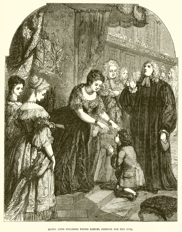 La reina Ana tocando al joven Samuel Johnson para el mal de English School
