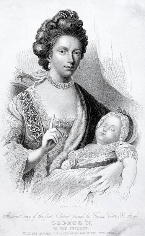 Reina Carlota, consorte del rey Jorge III, con su hijo bebé, el futuro príncipe regente y rey Jorge IV de English School