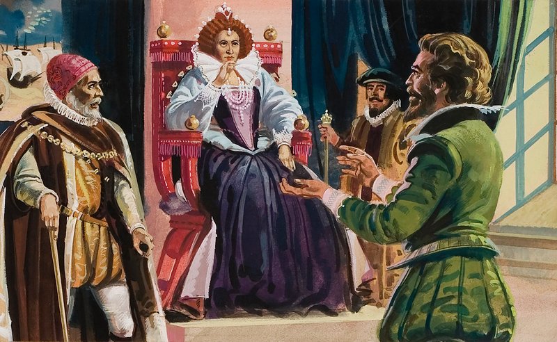 La reina Isabel I (1533-1603) y Sir Francis Drake (1540-96) (gouache sobre papel) de English School