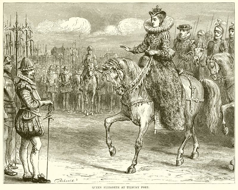 La reina Isabel en el fuerte de Tilbury de English School