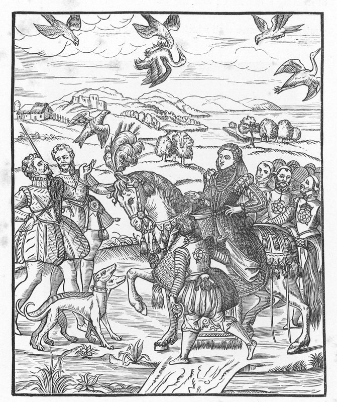 La reina Isabel cazando con halcones de English School